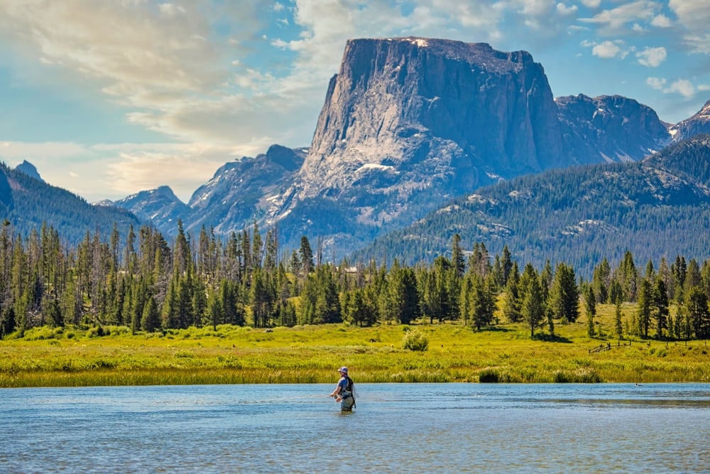 Angler fishing in a stream with mountains in background