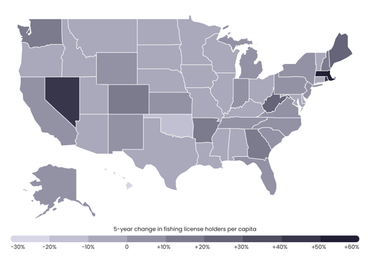 Map of states showing the largest change in fishing licenses over 5-year period