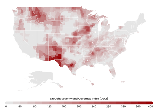 Map showing severe drought conditions across US