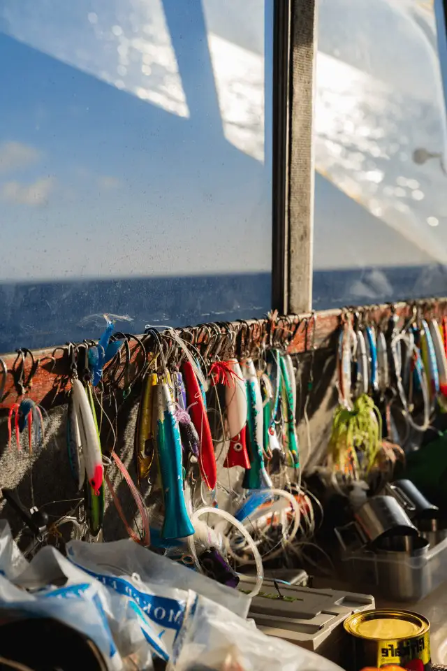offshore lures hanging inside a boat